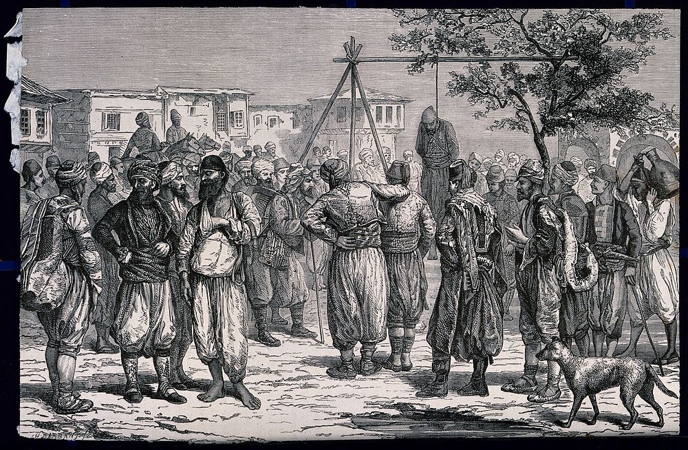 A public hanging in Trebizond. Wood engraving by Ch. Barbant after Th. Deyrolle.