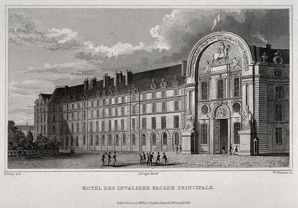 Hôtel des Invalides, Paris: soldiers outside the principal facade. Line engraving by W. Watkins, 1831, after B. Ferry.