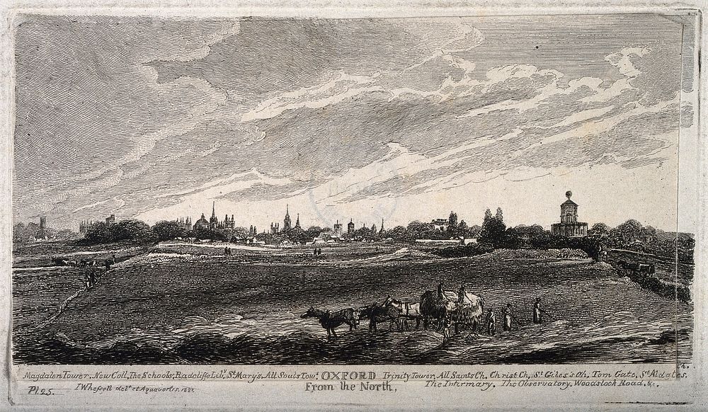 Oxford: cityscape view from the north. Etching by J. Whessell, 1825, after himself.
