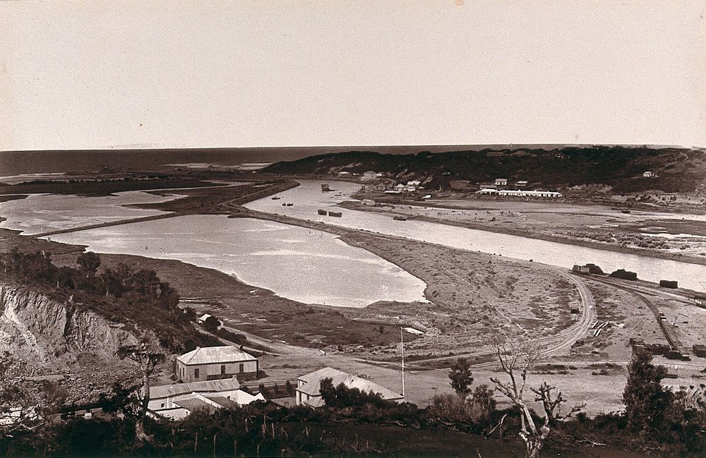 Port Alfred, South Africa: a port near the mouth of the Kowie River. Woodburytype, 1888, after a photograph by Robert Harris.