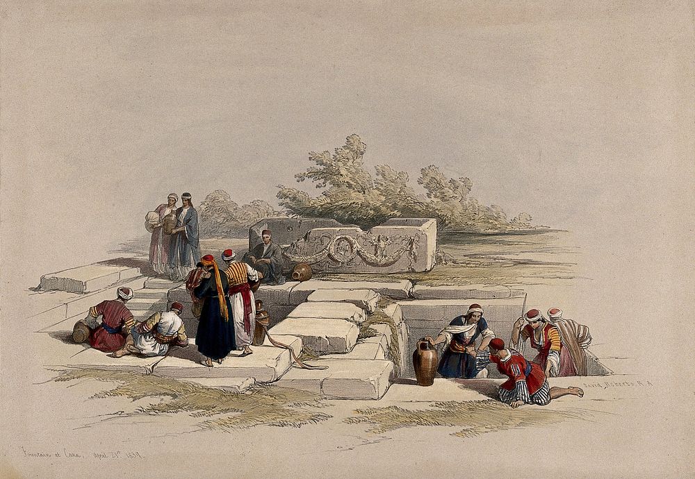 People gathering water at the fountain at Cana, Israel. Coloured lithograph by Louis Haghe after David Roberts, 1842.