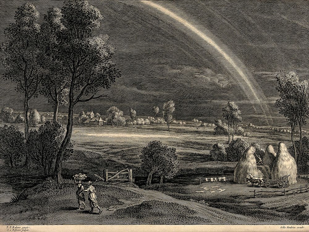 A rural landscape: a rainbow is in the sky as a man finishes building haystacks and two young women walk home. Engraving by…