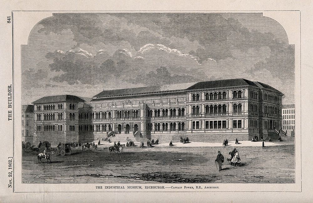 Figures strolling to and from the Industrial Museum, Edinburgh, Scotland. Wood engraving by W.E. Hodgkin, 1862, after B. Sly.