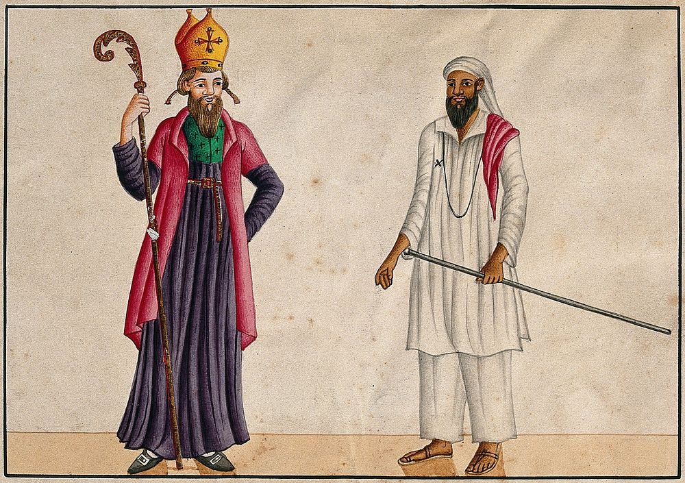 A bishop and a teacher from the Malabar Coast, India. Watercolour drawing.