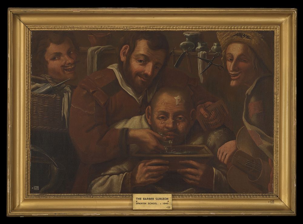 A barber-surgeon attending to a man's forehead. Oil painting.