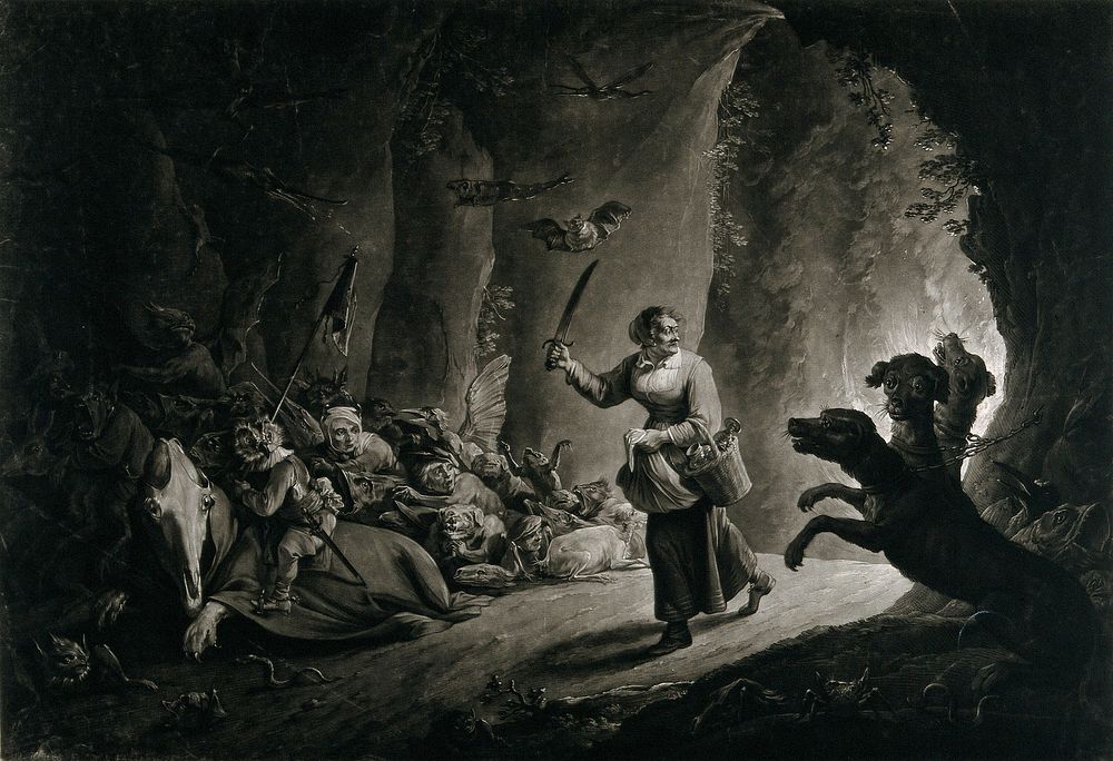 Dulle Griet (Mad Meg) entering hell. Mezzotint by Richard Earlom after David Teniers, 1786.