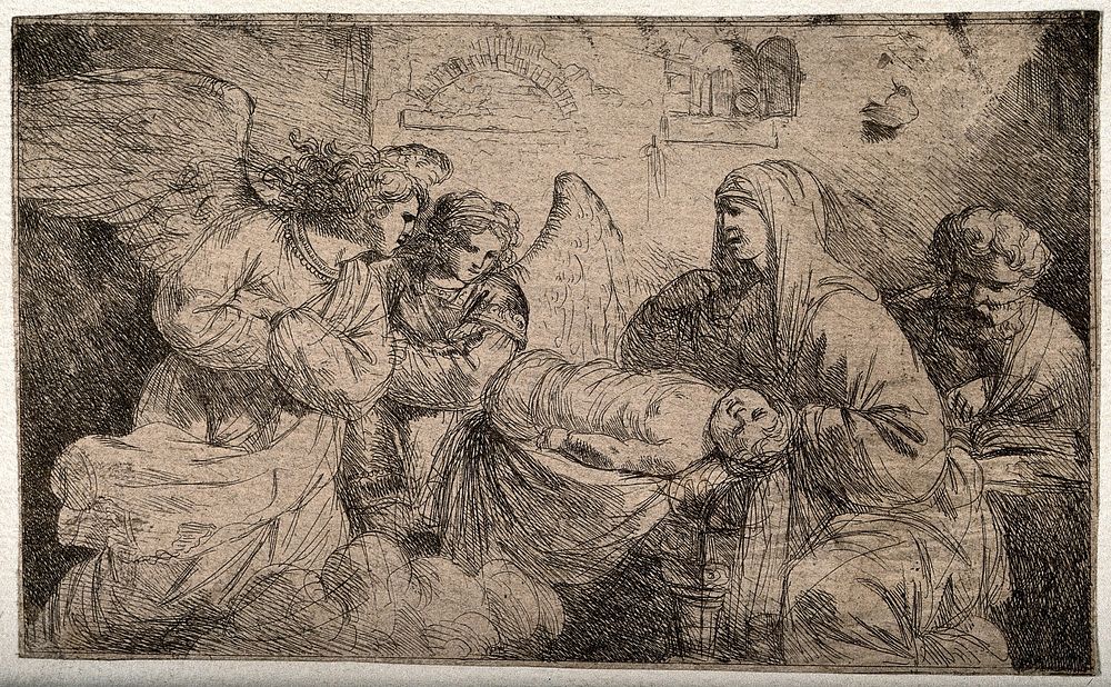 Two angels approach the Virgin Mary and Joseph with Christ sleeping in his cradle. Etching.