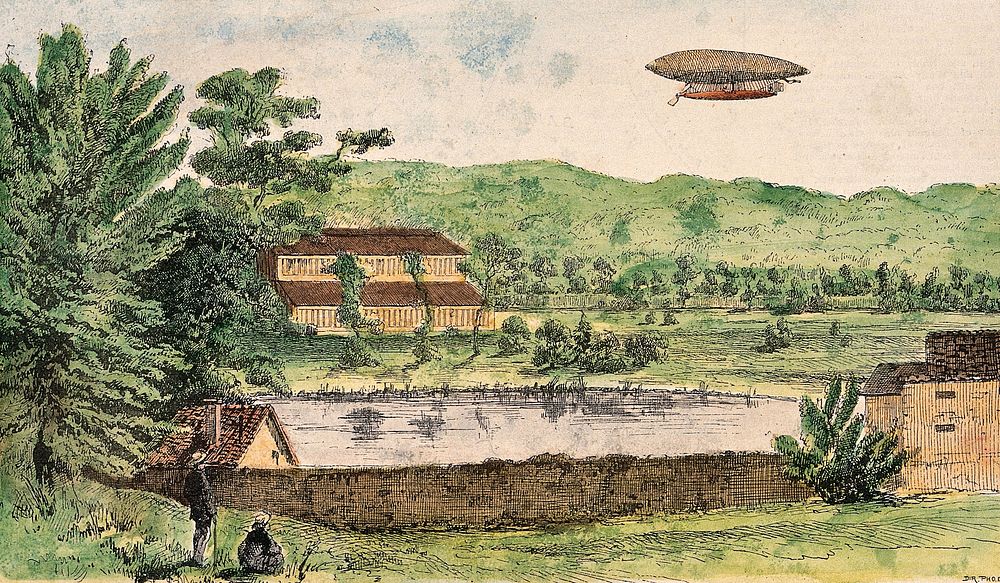 The dirigible balloon La France flies over the countryside around its hangar (Hangar Y) at Meudon. Coloured process print.