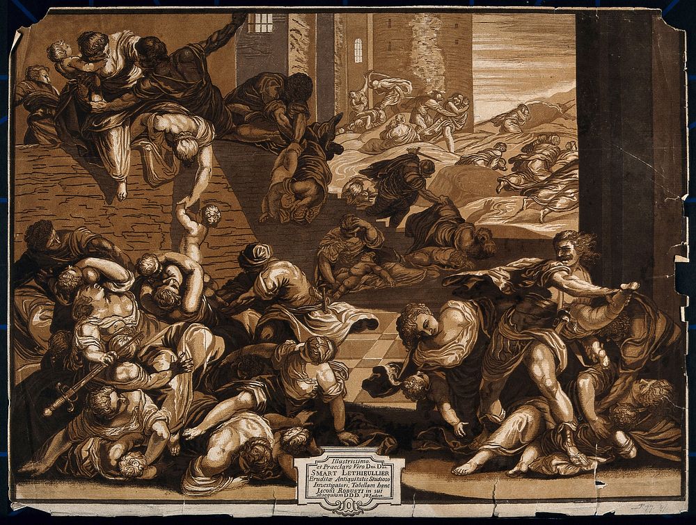 The massacre of the innocents. Chiaroscuro woodcut by J.B. Jackson, 1745, after J. Robusti, il Tintoretto.