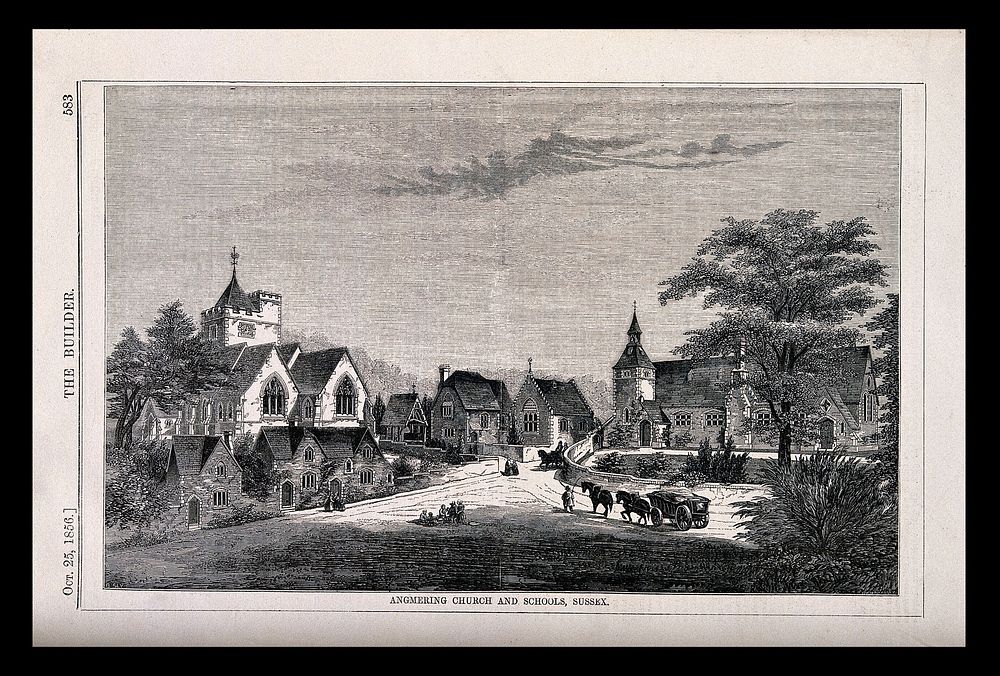 The village of Angmering, Sussex, showing the church and schools. Wood engraving by W.E. Hodgkin, 1856, after B. Sly.