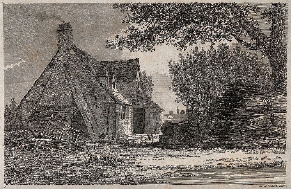 Oxford: distant view of the city from a farmhouse. Etching by Letitia Byrne.