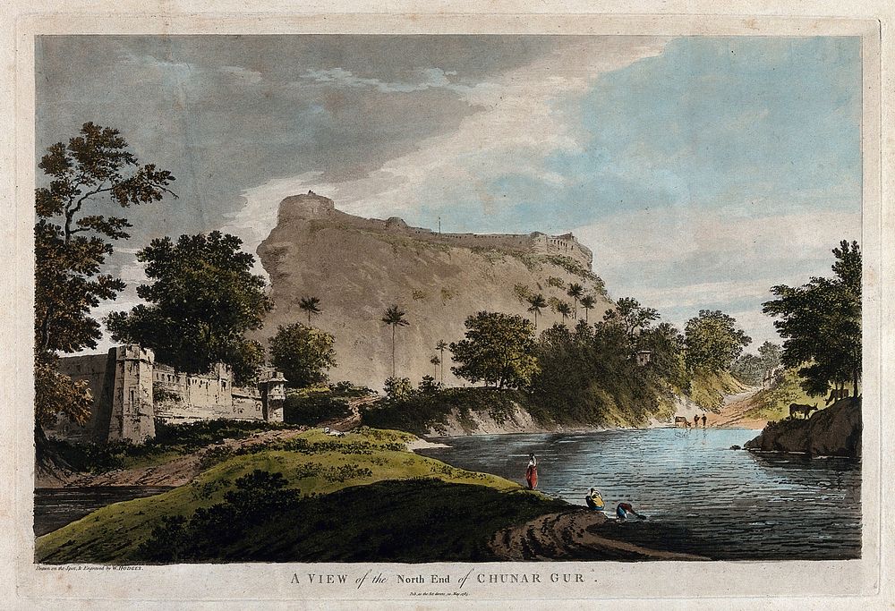 Northern view of Chunar from the Ganges, Uttar Pradesh. Coloured etching by William Hodges, 1785.