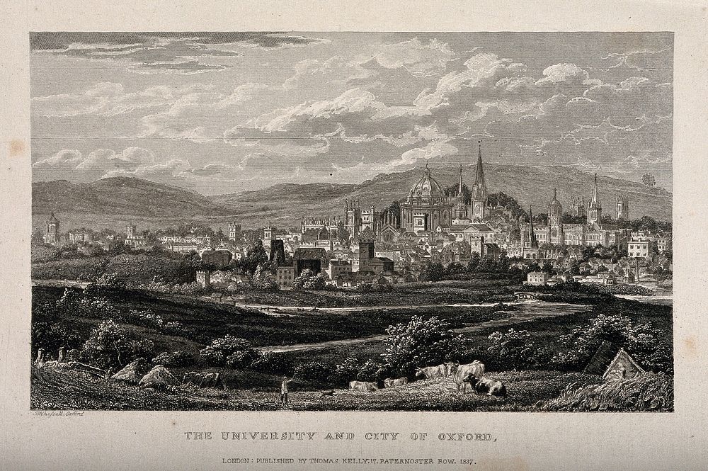 City of Oxford: panoramic cityscape including the university. Etching by J. Whessell, 1837.