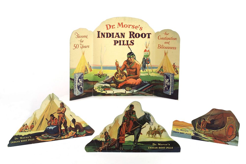 A native American grinding root vegetables to make the remedy marketed as Dr Morse's Indian Root Pills, and other native…