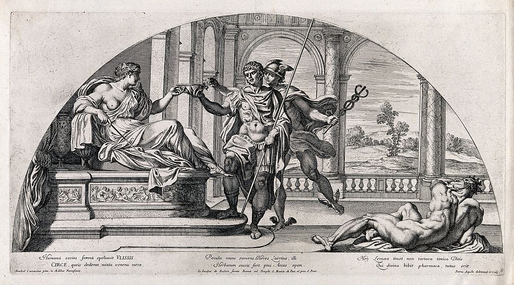 Circe, Ulysses [Odysseus] and Mercury [Hermes]. Etching by P. Aquila after Annibale Carracci.