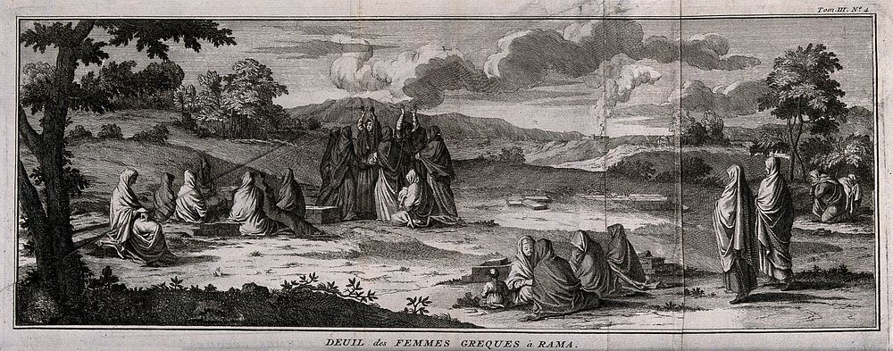 A group of Greek women lamenting and mourning the dead at a burial site in Rama. Engraving possibly by B. Picart, ca. 1733.
