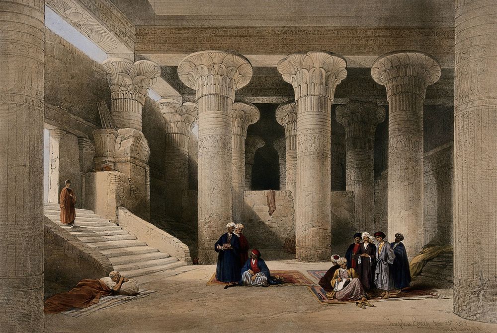 Interior of the temple of Esna, Egypt. Coloured lithograph by Louis Haghe after David Roberts, 1849.