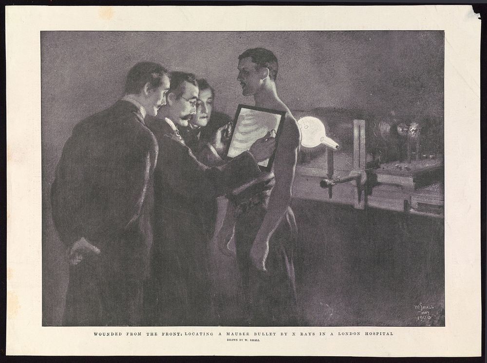 Surgeons examining a mauser bullet in a man's chest via the use of an X-ray. Halftone, 1900, after W. Small.