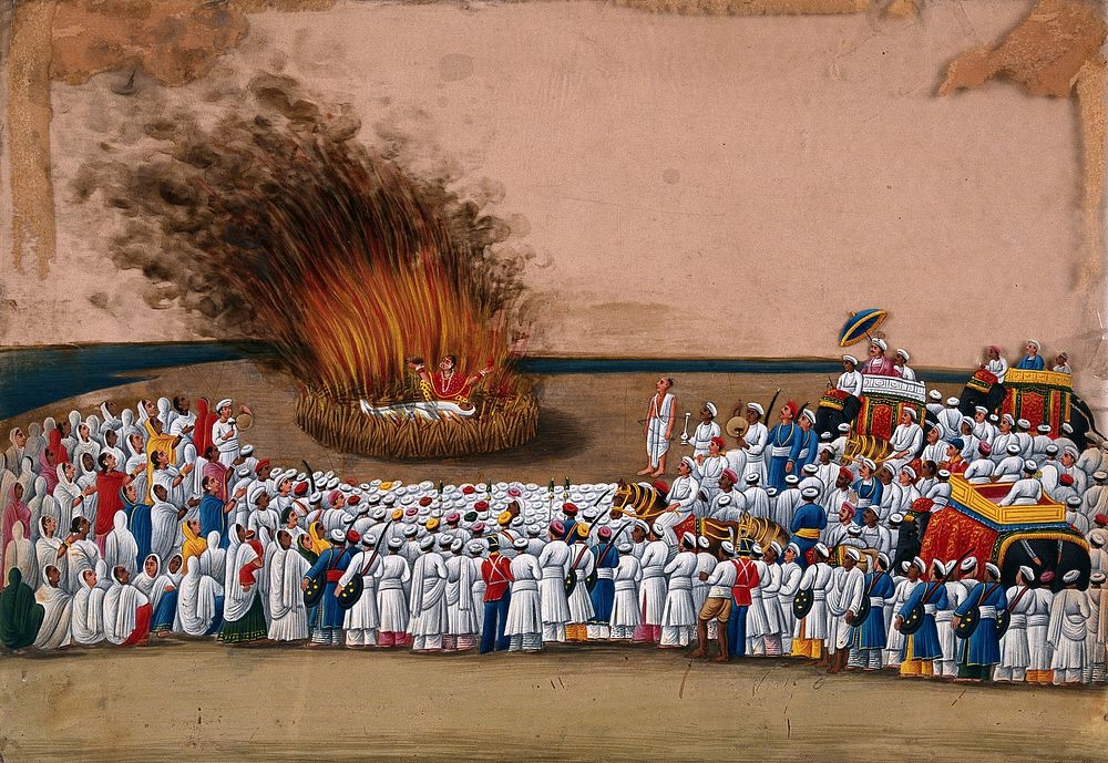 Sati (suttee): a widow immolating herself on her husband's funeral pyre as a large crowd watches. Gouache painting on mica…