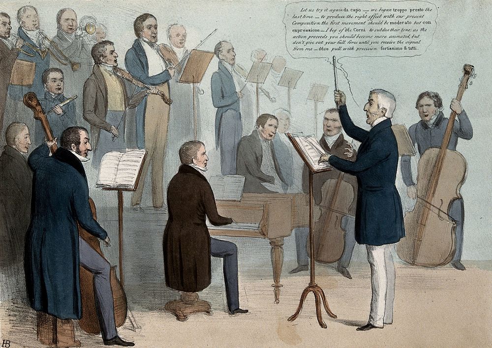 The Duke of Wellington conducts an orchestra comprising of conservative government ministers. Coloured lithograph by H.B.…