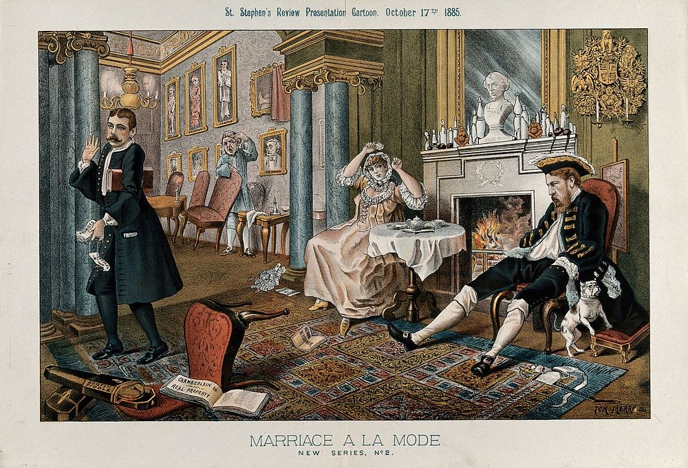A man (Lord Hartington) and his wife (Radicalism) having breakfast in a richly decorated room, the morning after a card…