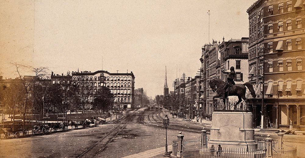 Union Square, New York City, showing the George Washington statue (right). Photograph, ca. 1880.