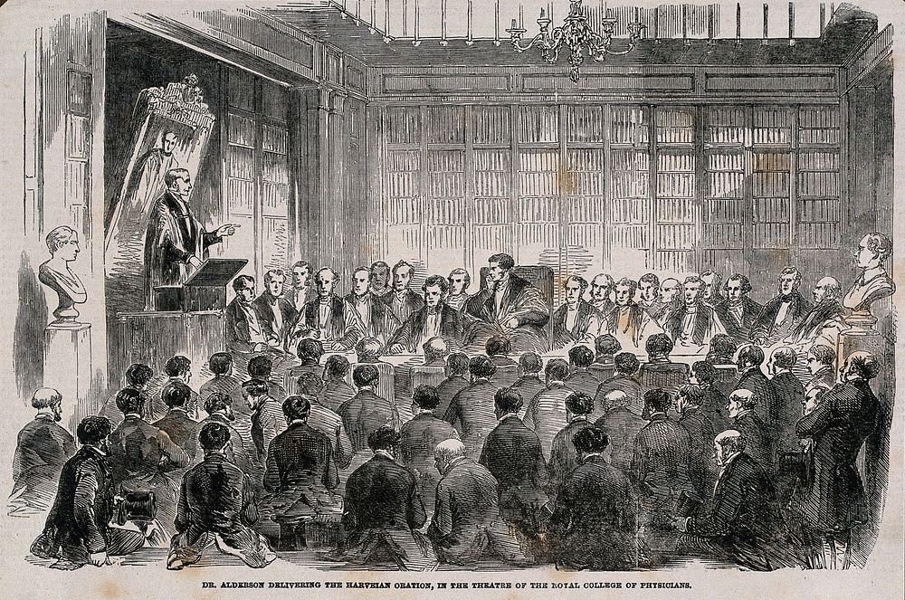 The Royal College of Physicians, Trafalgar Square: Sir James Alderson delivering the Harveian lecture. Wood engraving, 1854.
