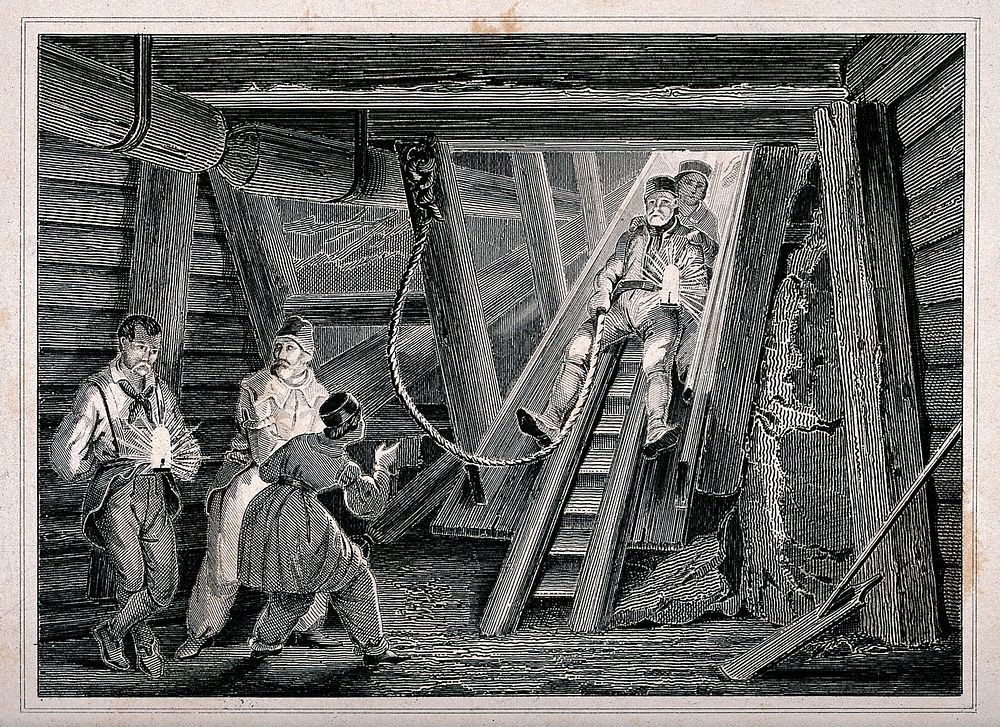The salt mines at Dürrenberg: men with lamps are sliding down into the mine. Etching.