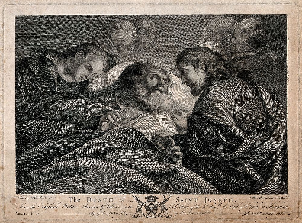 Saint Joseph: his death, attended by the Virgin Mary and Jesus Christ. Line engraving by A. Bannerman, 1766, after a…