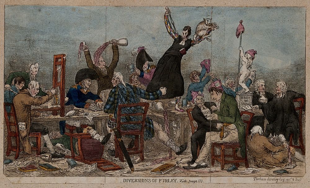 A rowdy dinner of British political radicals at John Horne Tooke's house in Wimbledon: Tooke and Burdett wear bonnets…