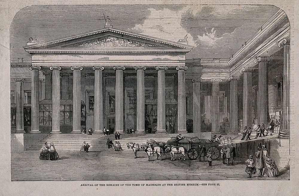 The British Museum: the entrance facade, during the delivery of the tomb of Mausolus. Wood engraving by C. D. Laing after B.…