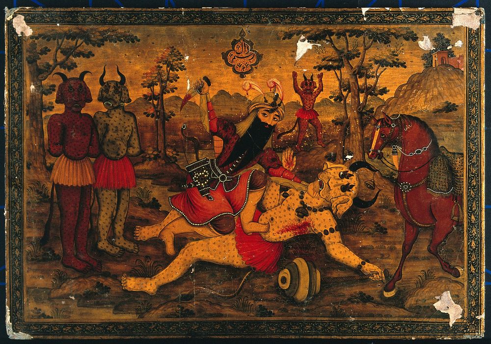 Fateh 'Ali Shāh in the guise of Rustam, slaying the White Div. Gouache painting by a Persian artist, Qajar period.
