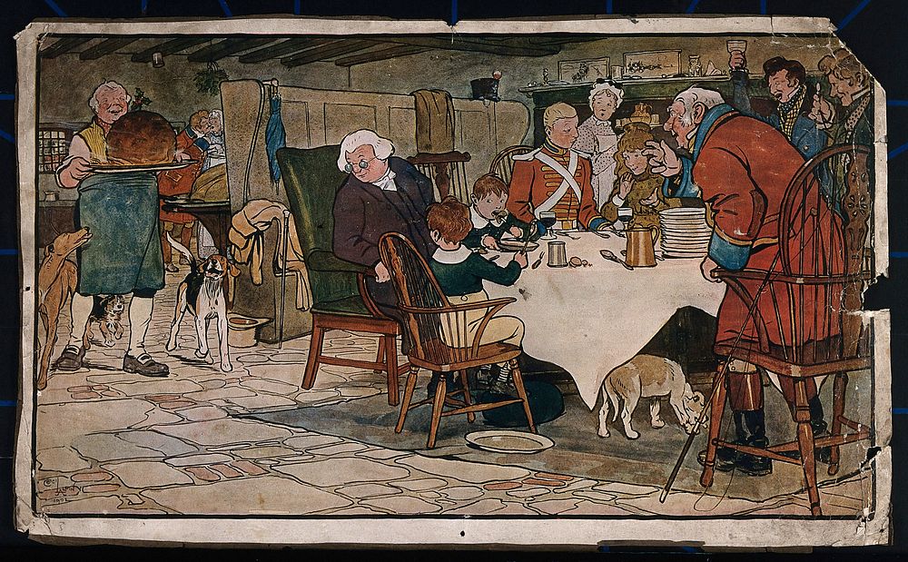 A family sit around a table eating their Christmas meal and greet the arrival of the plum pudding which is being carried in…