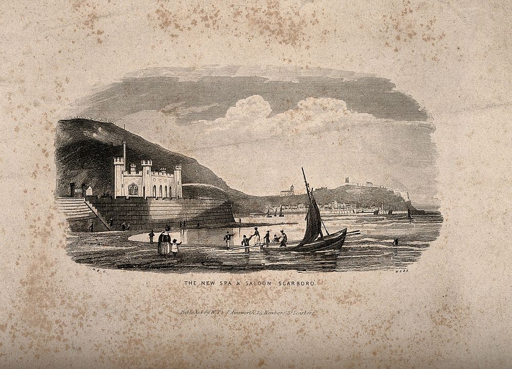 New Spa and Saloon, Scarborough, Yorkshire: panoramic view of the harbour. Engraving by W.C. & S. after H.B.C.