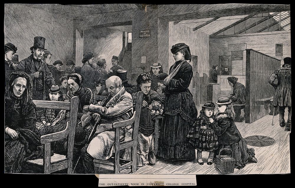 University College Hospital, London: the outpatients' waiting room and dispensary. Wood engraving, 1872.