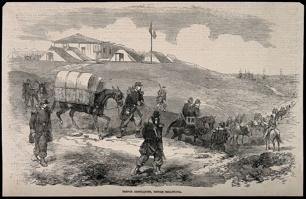 Crimean War: French ambulances before Sebastopol. Wood engraving.