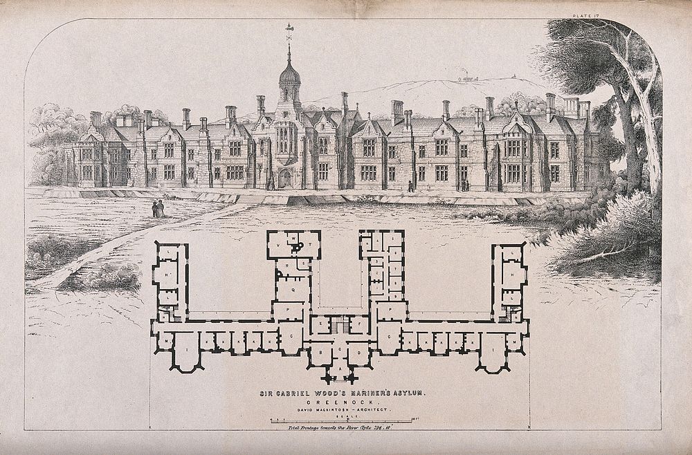 Sir Gabriel Wood's Mariner's Asylum, Grennock, Renfrew, Scotland: with floor plan and scale. Transfer lithograph after D.…