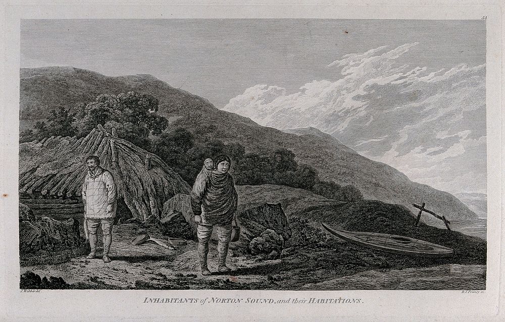 A man and a woman of Norton Sound, Alaska, in front of their hut; encountered by Captain Cook on his third voyage (1777…