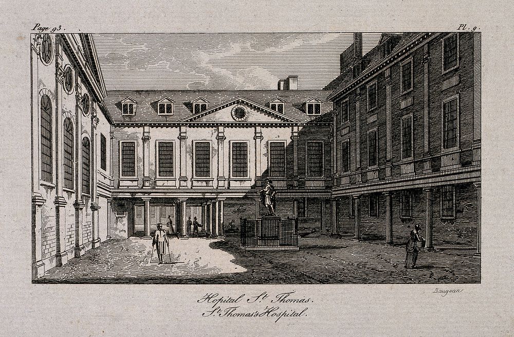 Old St. Thomas's Hospital, Southwark: inside the first courtyard. Etching by J.-J. Baugean.