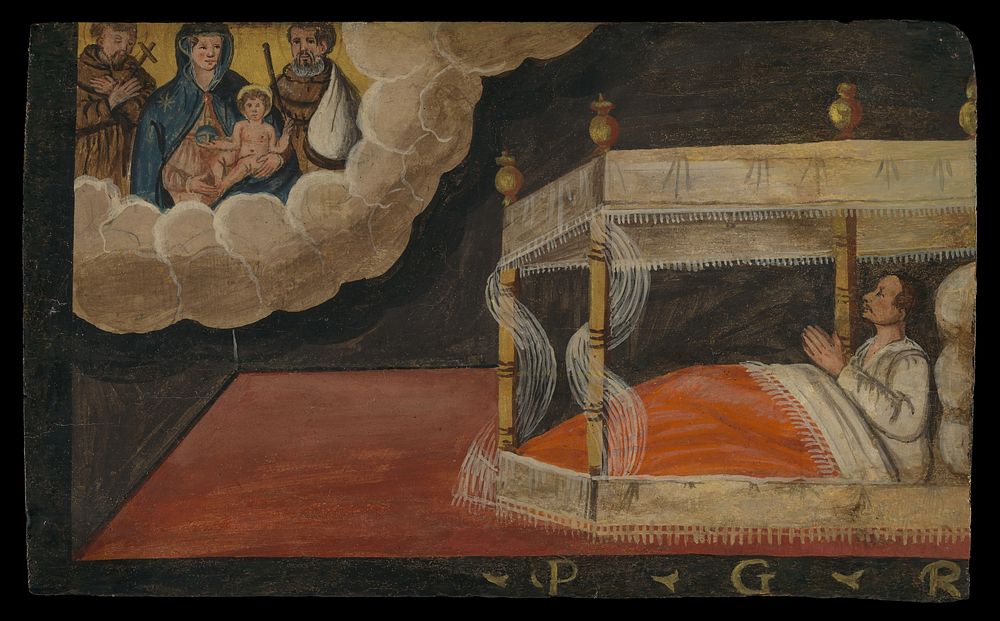 A man in bed praying to the Virgin and Child and two Franciscan saints. Oil painting.