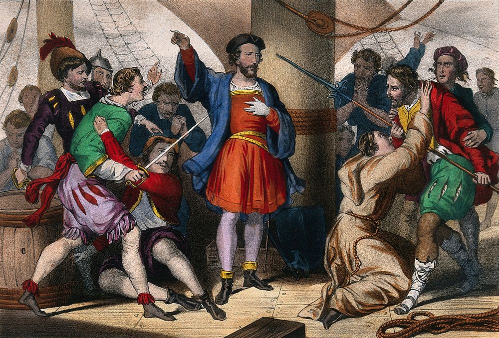 Christopher Columbus, on his ship, admonishes his men for their lack of courage. Coloured lithograph, ca. 1850.