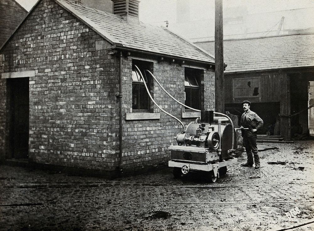 Fumigating a building (to destroy typhus-carrying lice ) with the Clayton Type B machine, England . Photograph, 1910/1930.