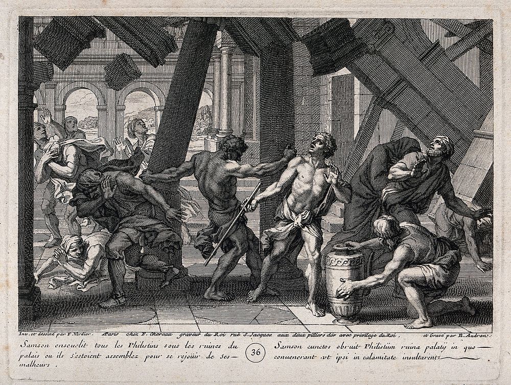 Samson brings the house down upon himself and the Philistines. Engraving by B. Audran after F. Verdier, 1698.