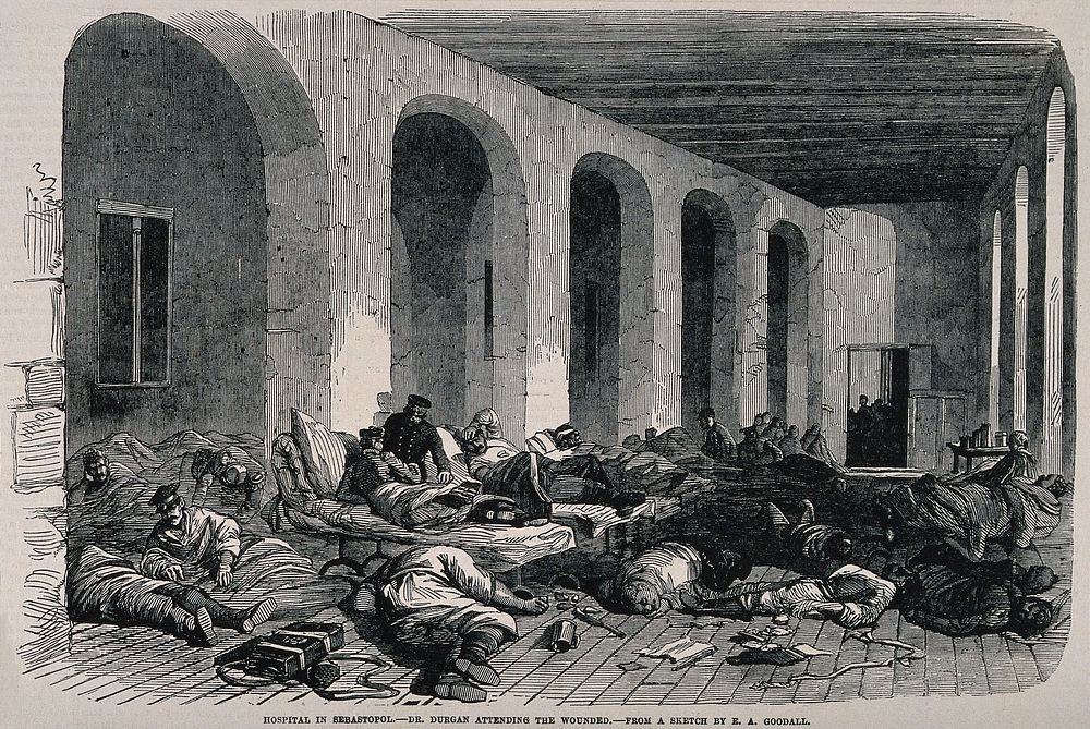 Crimean War: appalling conditions as seen in the interior of the Russian Hospital in Sebastopol. Wood engraving after E.A.…
