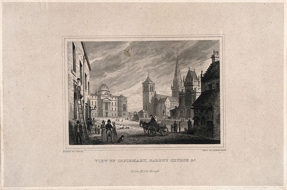 Glasgow: the Royal Infirmary, the cathedral, and Barony Church. Line engraving by J. Swan after J. Knox.