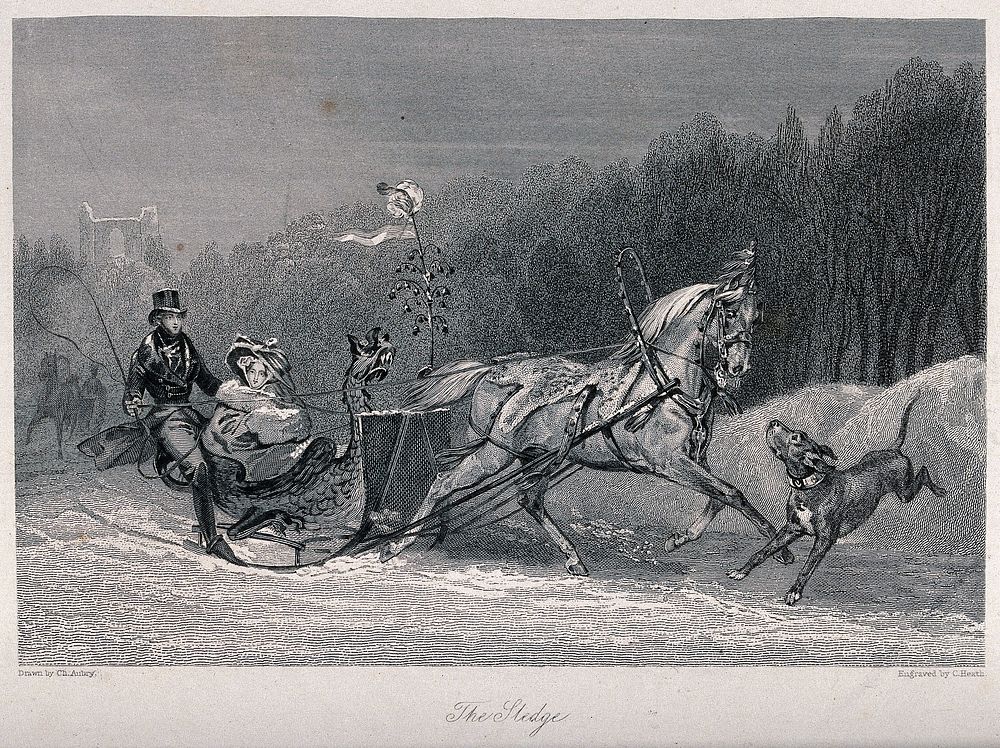 A dog has jumped out in front of a horse pulling a sledge along the snowy road. Engraving by C. Heath after Ch. Aubry.