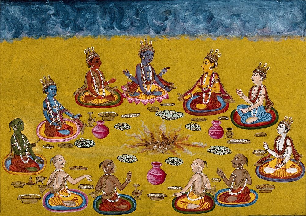A four armed deity  sitting with five priests and five other deities or kings  performing a yagna, a fire sacrifice, an old…