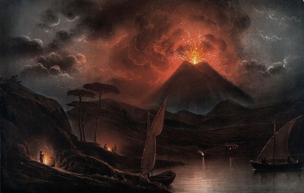 A volcano (Mount Etna) erupting at night. Coloured aquatint.