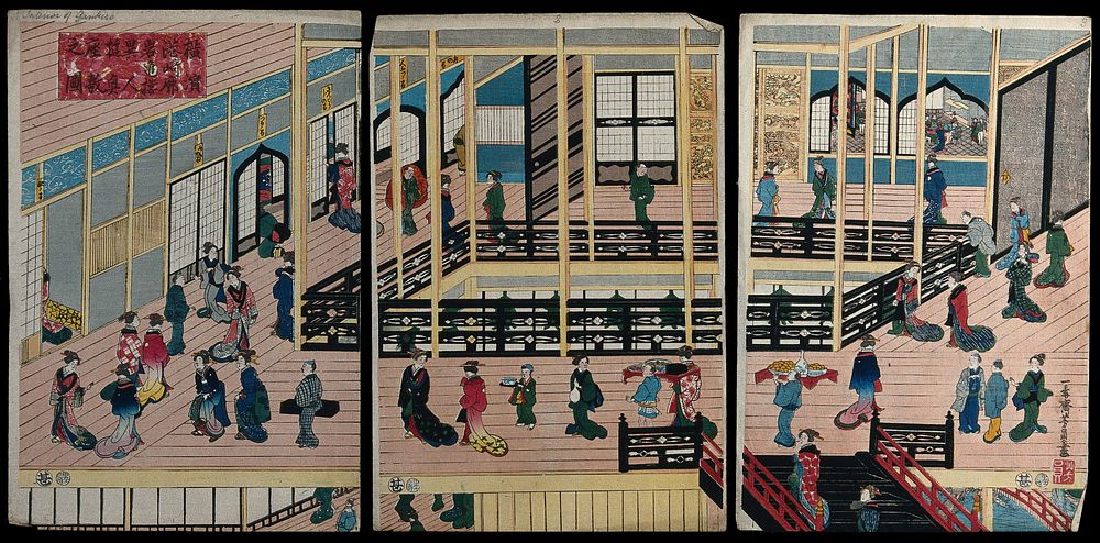 Interior of Iwakame House, Yokohama Minatosaki licensed pleasure district: Western visitors are shown being entertained in a…