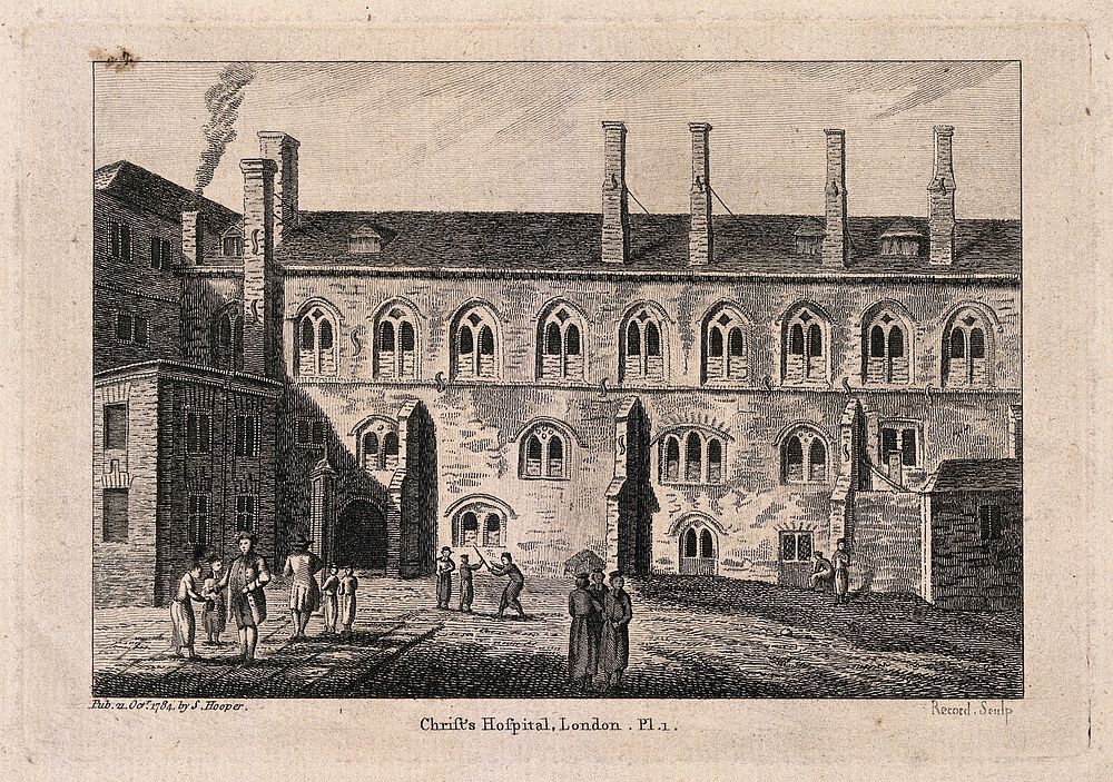 Christ's Hospital, London: the exterior of the Hall. Engraving by J. Record, 1784.